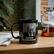 Donald Trump 2024 Never Surrender Coffee Mug: Black Mugshot & MAGA Statement