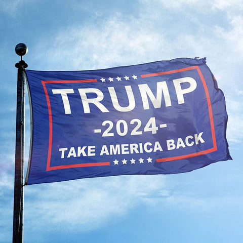 Blue "Trump 2024 - Take America Pole " Campaign Flag Against Blue Sky