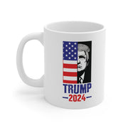 White Trump US Flag Mugshot coffee cup | Trump Campaign 2024