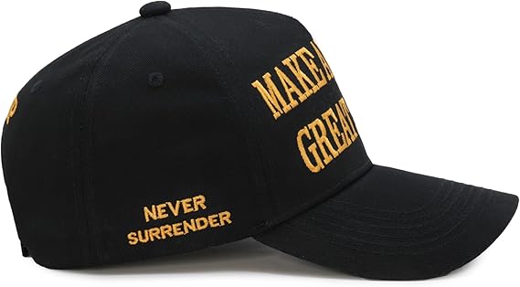 MAGA Black Gold Trump Hat Right Side Never Surrender Donald