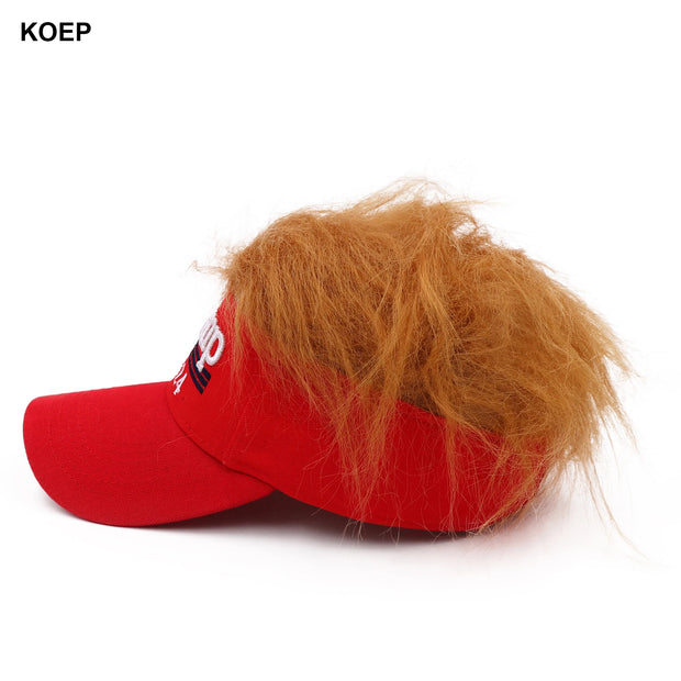 Side view of Trump Hat Wig 2024 with red visor and Trump hair wig