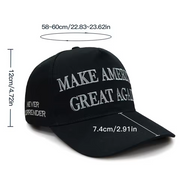 Side view of MAGA cap with "Never Surrender" embroidery and size dimensions indicated.